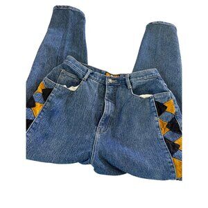 Vtg Baccini Denim Jeans Sz14 gold Black Triangle Patchwork high waisted  READ